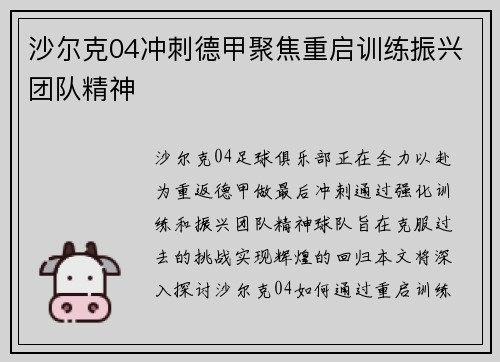 沙尔克04冲刺德甲聚焦重启训练振兴团队精神